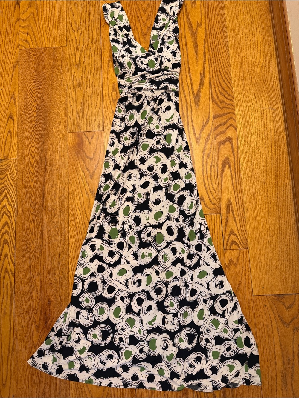 Lily Black Maxi Dress with White Swirl and Green Dot Print